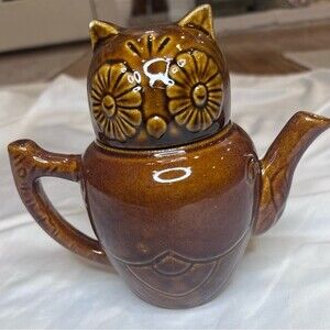 Vintage Boho Owl Teapot Brown Glazed Ceramic 70s Owl 1 Cup w/ Lid 5 3/4" Tall